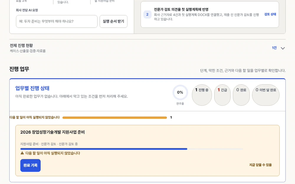 가상 회사인 주식회사 새봄랩의 지원사업 준비 상태와 다음 할 일을 보여주는 Dream Ventures 업무현황